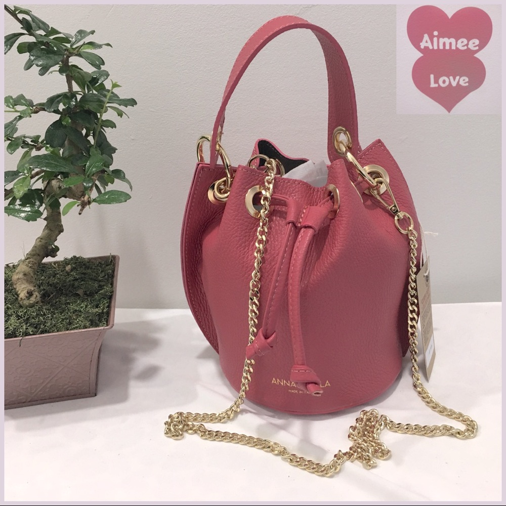 NWT Anna Paola  Made in Italy Leather Bucket Crossbody Bag pink